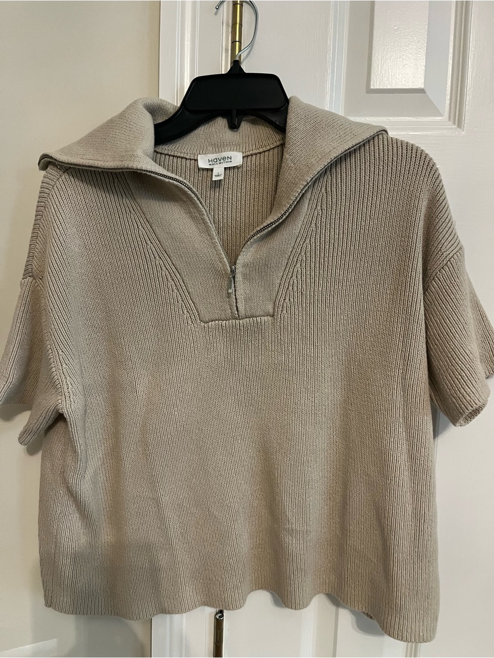 Haven Well Within 100% Cotton Taupe Short-Sleeve Zip Collar Sweater